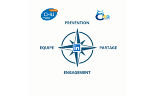 Infographie en forme de boussole illustrant l'article du 26/09/2025 "La BOAT CRIAVS-LR navigue sur LinkedIn depuis plus d’un an et demi : un engagement renforcé pour la prévention". En haut, les logos du CHU de Montpellier et de la BOAT CRIAVS-LR, au centre, le logo de LinkedIn et de part et d'autres les mots prévention, engagement, équipe, partage et réseau. 