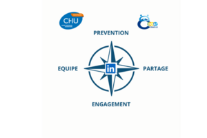Infographie en forme de boussole illustrant l'article du 26/09/2025 "La BOAT CRIAVS-LR navigue sur LinkedIn depuis plus d’un an et demi : un engagement renforcé pour la prévention". En haut, les logos du CHU de Montpellier et de la BOAT CRIAVS-LR, au centre, le logo de LinkedIn et de part et d'autres les mots prévention, engagement, équipe, partage et réseau.