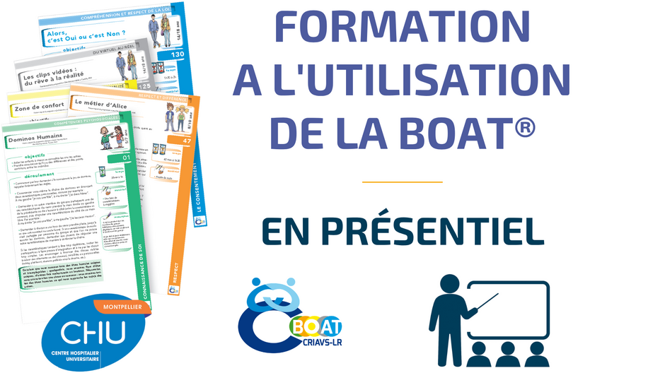 Formation à l'utilisation de la BOAT® en présentiel, sur deux jours et demi, en petit groupe, dispensée par un formateur BOAT® labellisé. Elle est destinée aux professionnels intervenant auprès de mineurs âgés de 5 à 18 ans pour prévenir les violences à caractère sexuel et sexiste.
