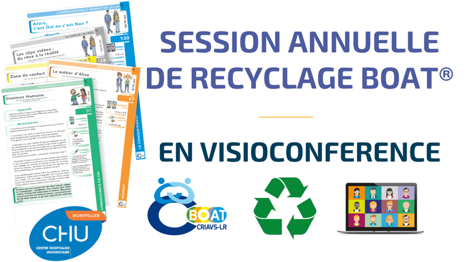 Session annuelle de recyclage à la BOAT® en visioconférence, sur une journée, en petit groupe, dispensée par un formateur BOAT® labellisé, destinée aux professionnels intervenant auprès de mineurs pour prévenir les violences à caractère sexuel et sexiste ayant déjà bénéficié d’une formation à l’utilisation de la BOAT® (que ce soit en présentiel, en blended-learning ou en 100 % digital). 