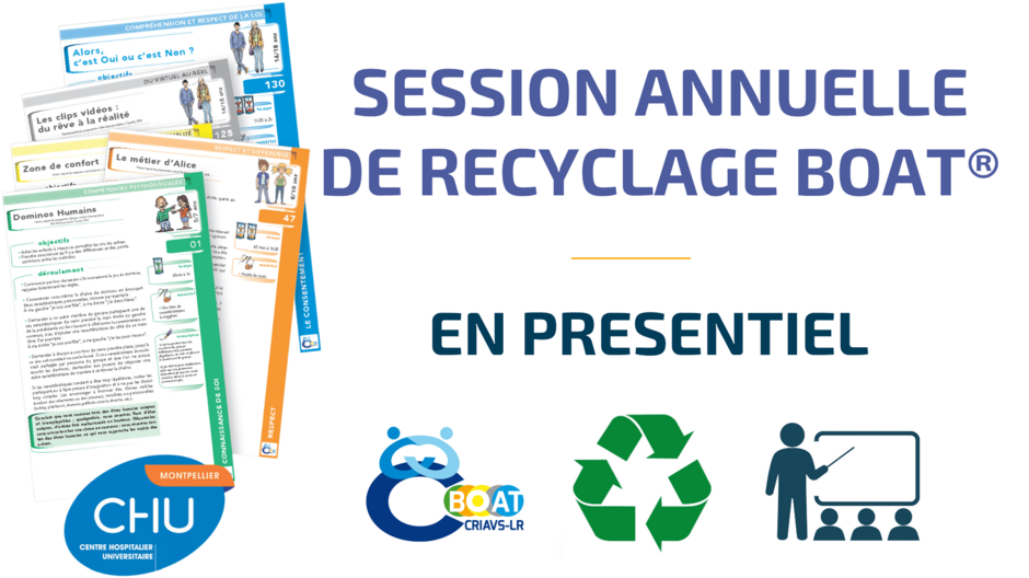 Session annuelle de recyclage à la BOAT® en présentiel, sur une journée, en petit groupe, dispensée par un formateur BOAT® labellisé, destinée aux professionnels intervenant auprès de mineurs pour prévenir les violences à caractère sexuel et sexiste ayant déjà bénéficié d’une formation à l’utilisation de la BOAT® (que ce soit en présentiel, en blended-learning ou en 100 % digital). 