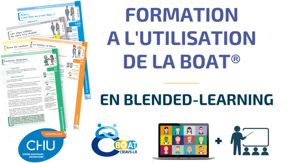 Formation à l'utilisation de la BOAT® en blended-learning, mixant 7 modules et 7 quizz d'e-learning et une journée en présentiel, en petit groupe, dispensée par un formateur BOAT® labellisé. Elle est destinée aux professionnels intervenant auprès de mineurs pour prévenir les violences à caractère sexuel et sexiste.