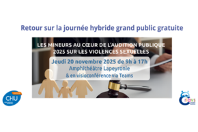 Visuel annonçant un article publié le 12 décembre 2025. Il présente le retour sur la journée hybride grand public du 20 novembre 2025, organisée par le CRIAVS-LR au CHU de Montpellier et en ligne. Le thème de la journée était la place des mineurs dans l’audition publique 2025 sur les violences sexuelles. Le visuel rappelle les objectifs : comprendre les mineurs auteurs, analyser les dynamiques familiales et sociétales, repérer les approches cliniques, judiciaires et éducatives, et renforcer la prévention.