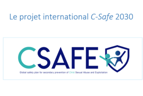 Visuel accompagnant un article paru sur le site Internet de la BOAT du CHU de Montpellier : « le projet international C-Safe 2030 », affichant le titre de l’article et le logo C Safe. L’image illustre un article consacré à un appel à projet de recherche européen, Horizon Europe, piloté par l’équipe du CRIAVS LR du CHU de Montpellier. Le projet réunit un consortium international de 16 partenaires issus de 12 pays, engagé dans le développement d’un modèle de prévention secondaire des violences sexuelles envers les mineurs.