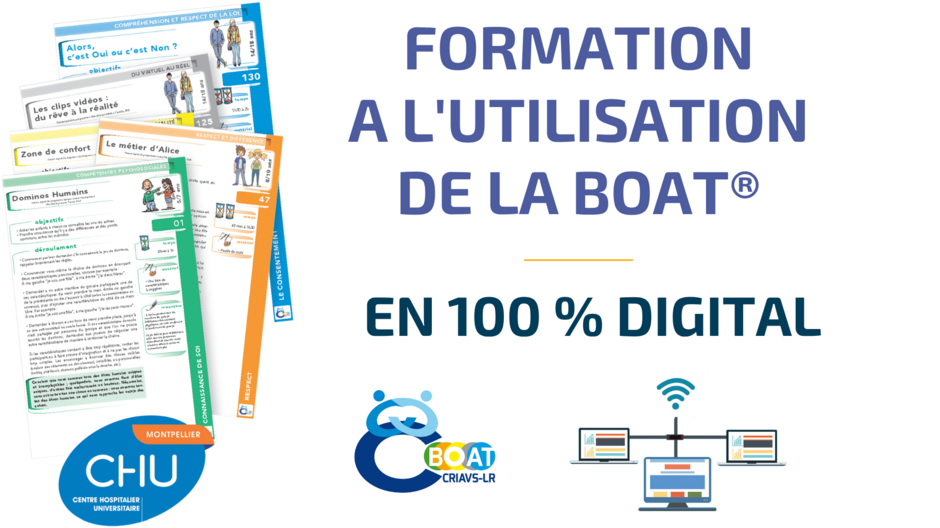 Formation à l’utilisation de la BOAT® en 100 % digital, mixant 7 modules et 7 quizz d'e-learning et une journée de classroom virtuelle via Teams, en petit groupe, dispensée par un formateur BOAT® labellisé. Elle est destinée aux professionnels intervenant auprès de mineurs pour prévenir les violences à caractère sexuel et sexiste.